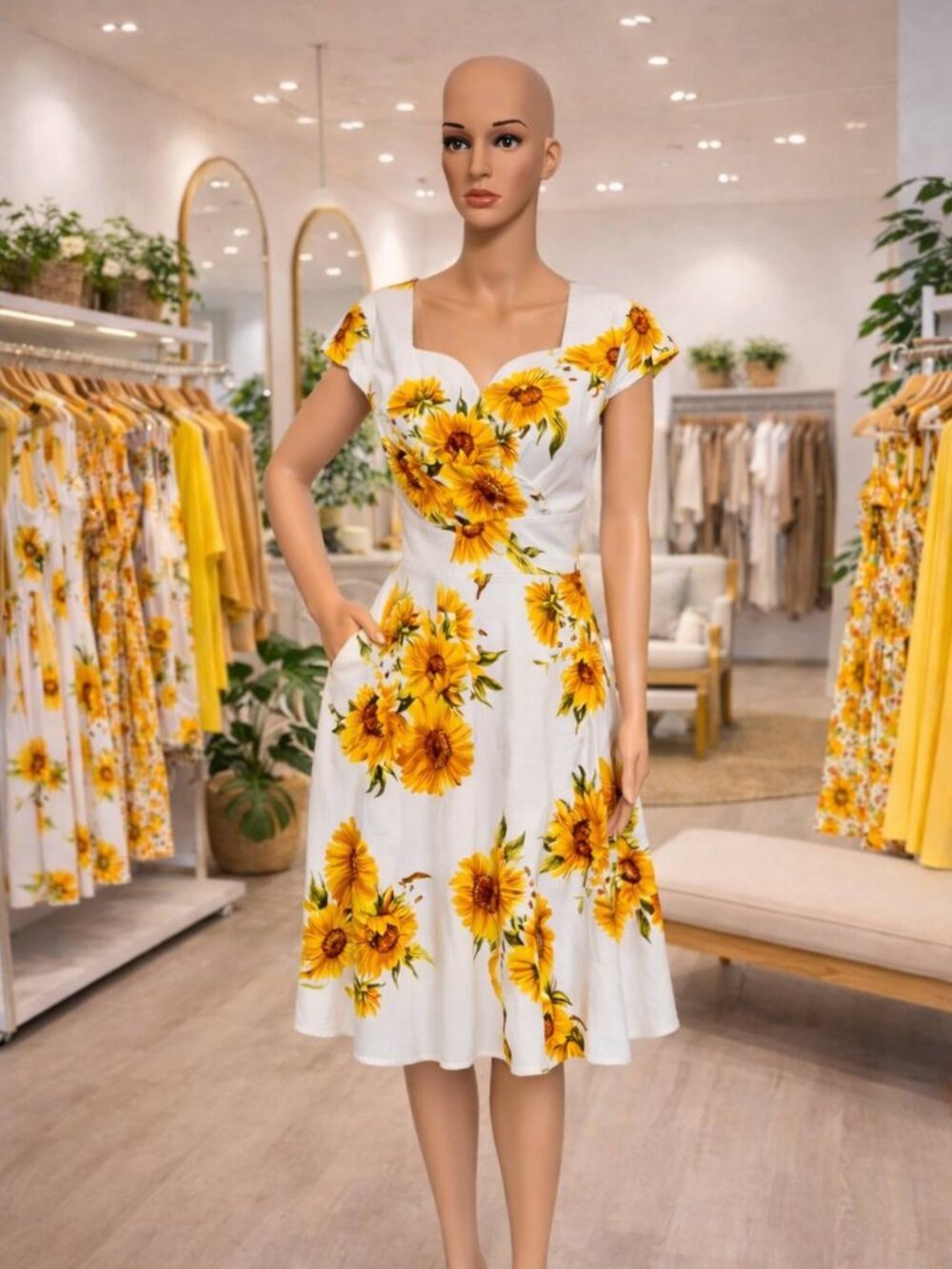 Sunflower Fit and Flare Dress with Pockets - XL
